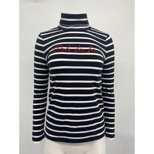 Talbots Long Sleeve Tee Stripe Ooh La La Embroidered Navy White Red Petite SP
